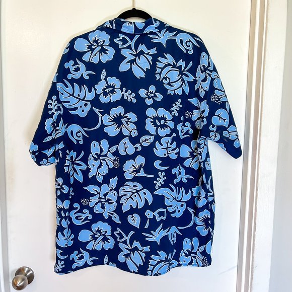 Y2K Blue Hawaiian Shirt Floral Men's Large Navy Blue Button Down Beach Summer Tr - Picture 5 of 5